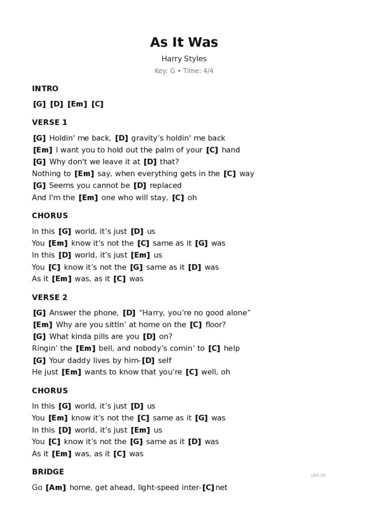 As It Was – Ukulele PDF