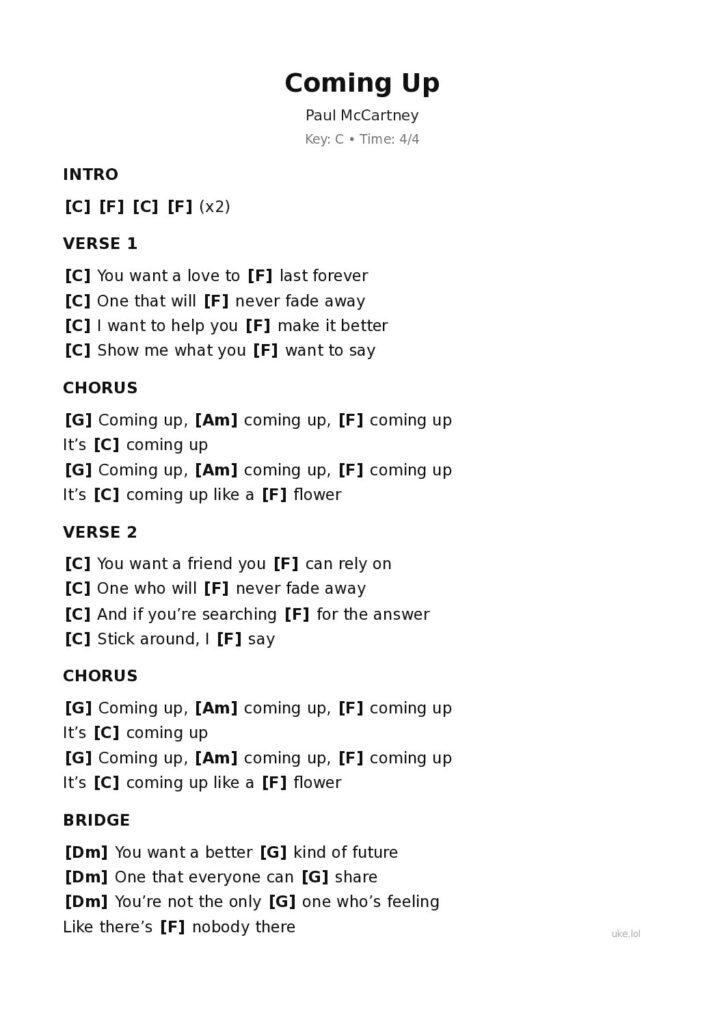Coming Up – Ukulele PDF