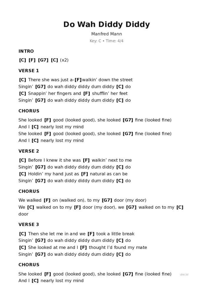 Do Wah Diddy Diddy – Ukulele PDF