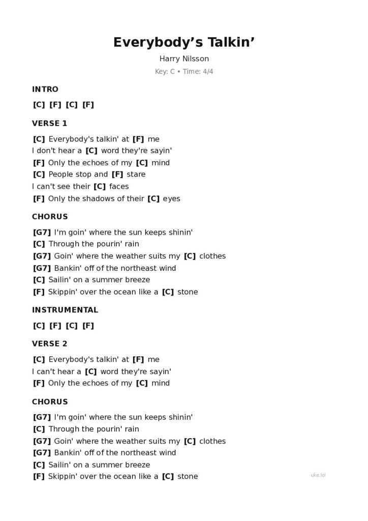 Everybody’s Talkin’ – Ukulele PDF