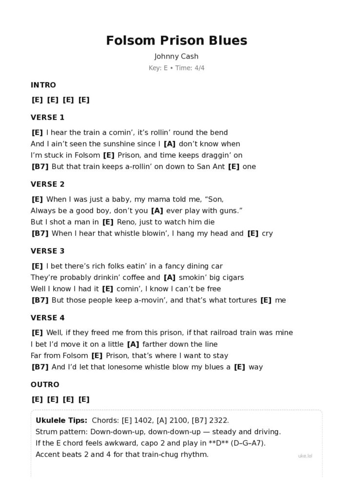 Folsom Prison Blues – Ukulele PDF