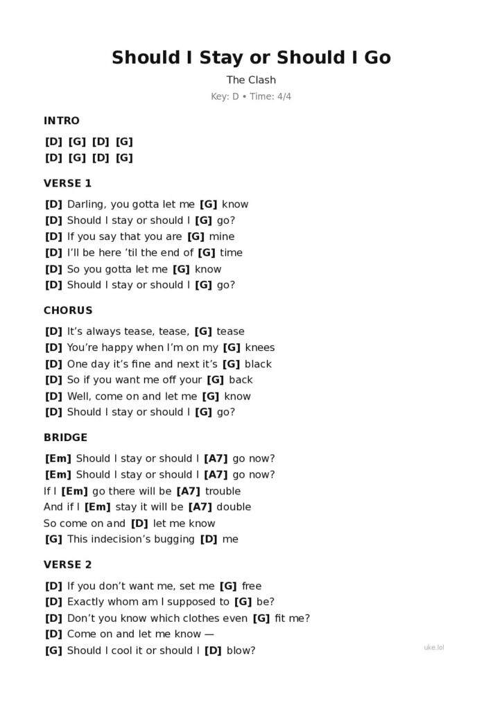 Should I Stay or Should I Go – Ukulele PDF