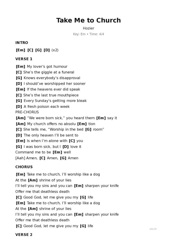 Take Me to Church – Ukulele PDF