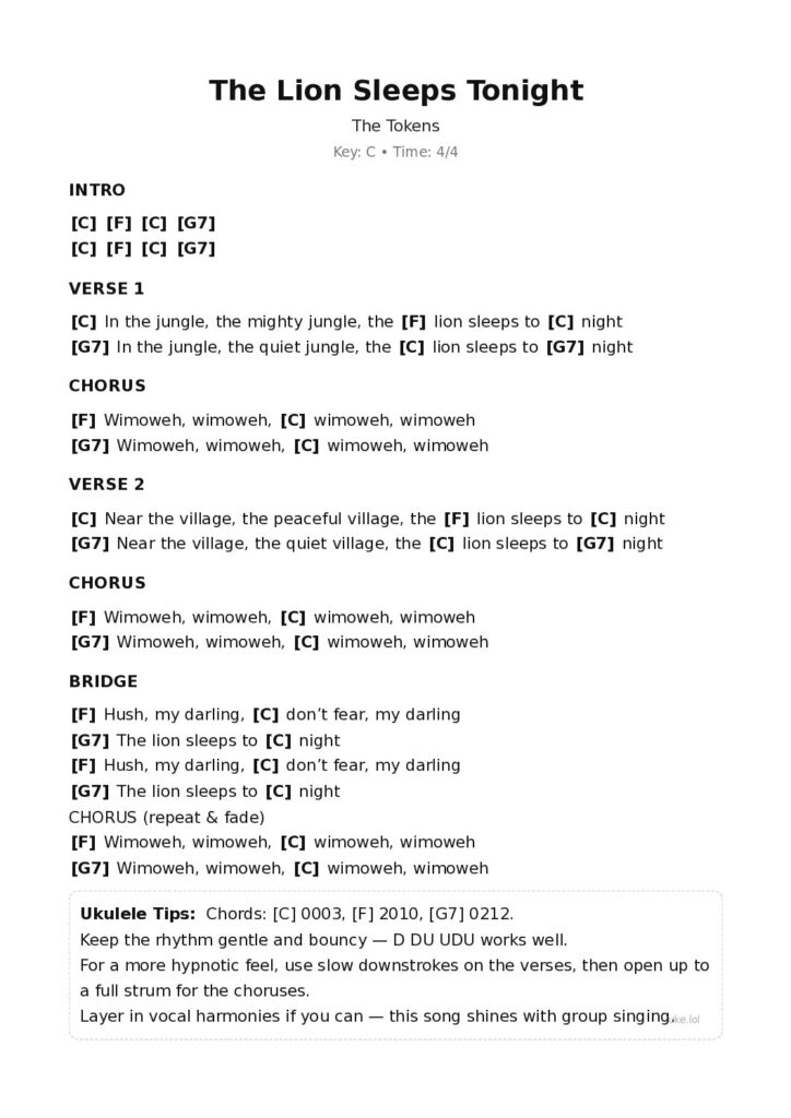The Lion Sleeps Tonight – Ukulele PDF