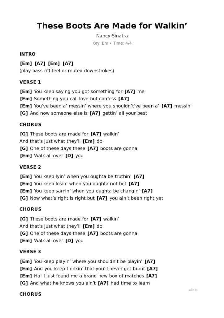 These Boots Are Made for Walkin’ – Ukulele PDF