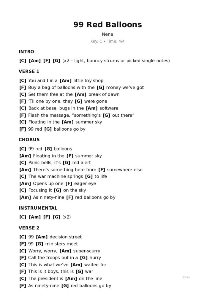 99 Red Balloons – Ukulele PDF