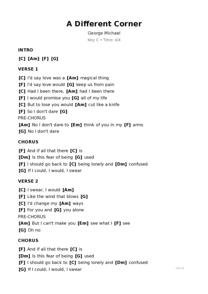A Different Corner – Ukulele PDF
