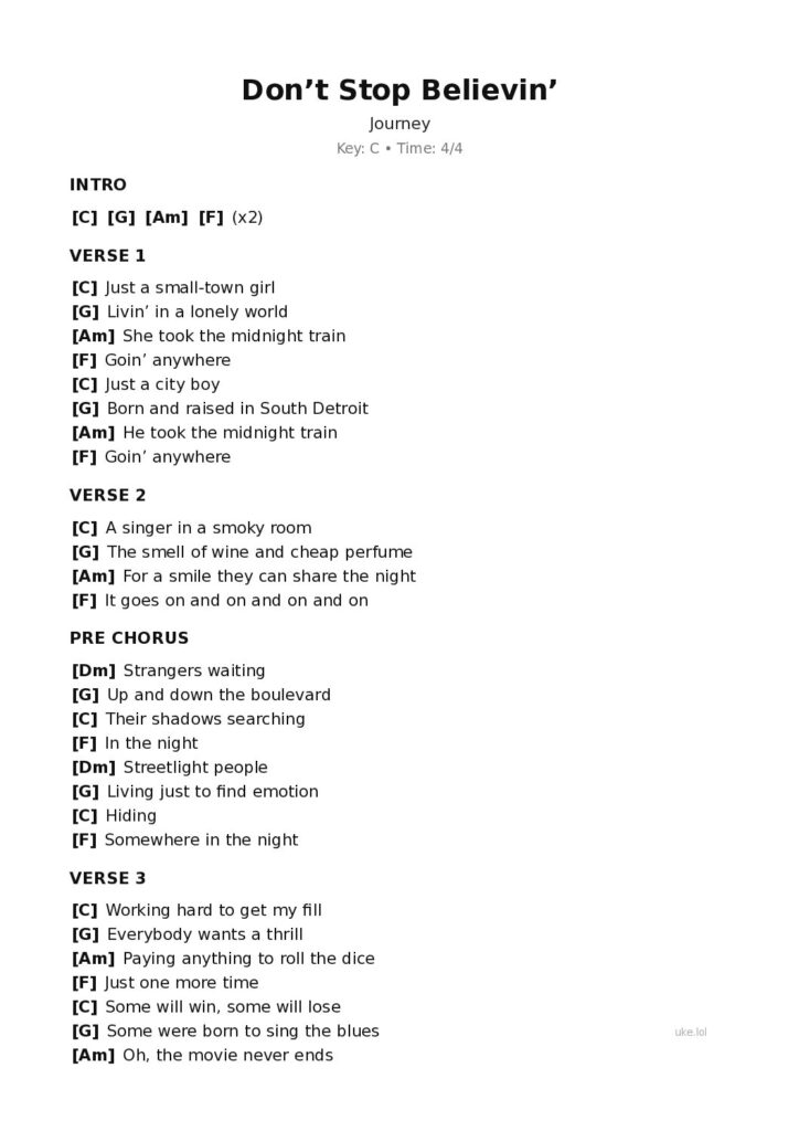 Don’t Stop Believin’ – Ukulele PDF