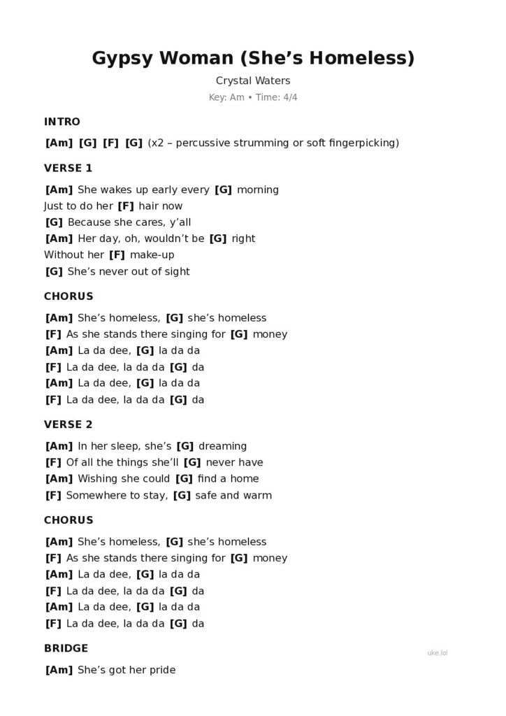 Gypsy Woman (She’s Homeless) – Ukulele PDF