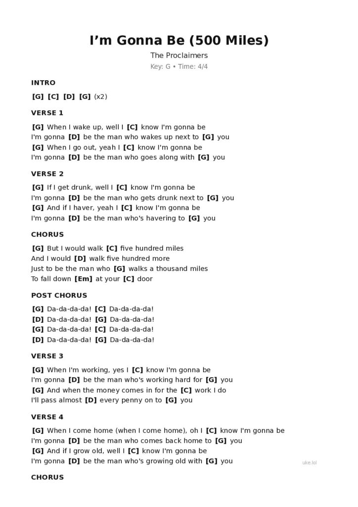 I’m Gonna Be (500 Miles) – Ukulele PDF