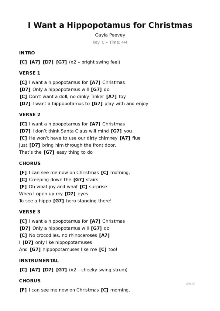 I Want a Hippopotamus for Christmas – Ukulele PDF