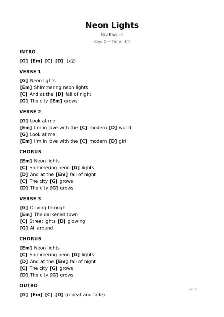 Neon Lights – Ukulele PDF