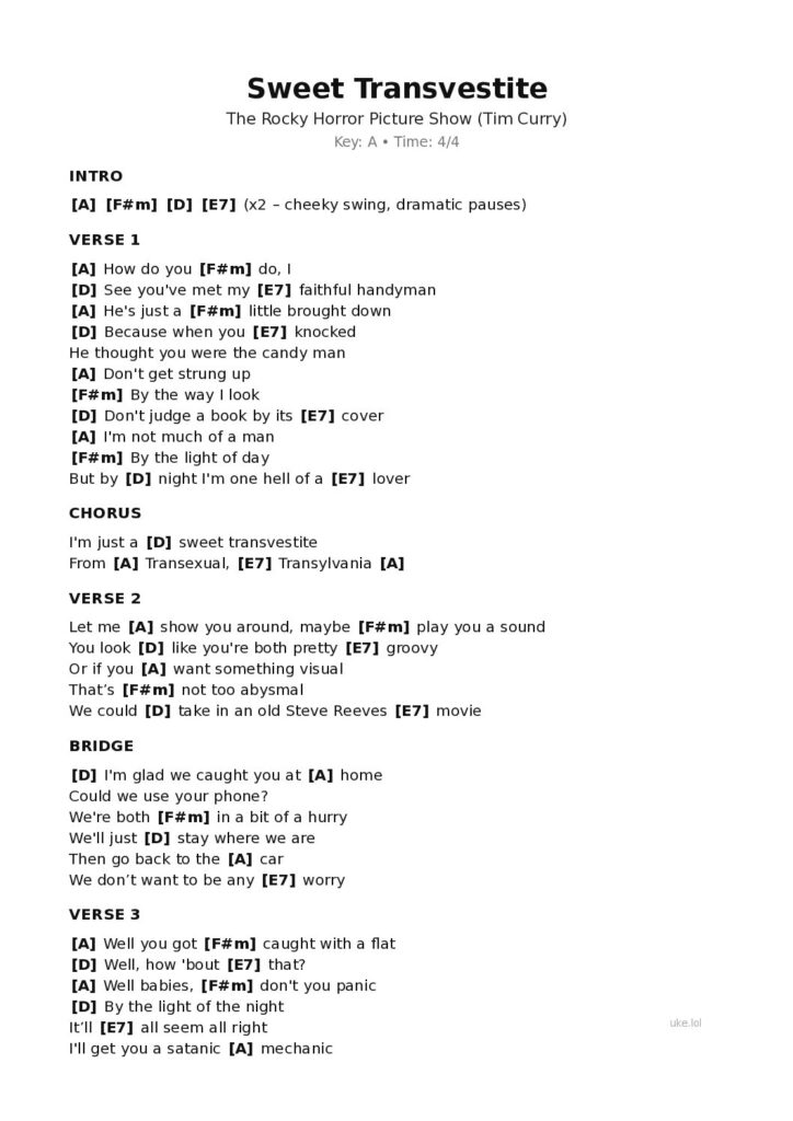 Sweet Transvestite – Ukulele PDF