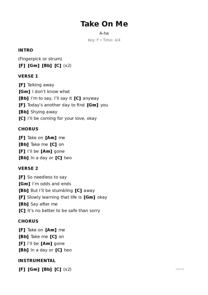 Take On Me – Ukulele PDF